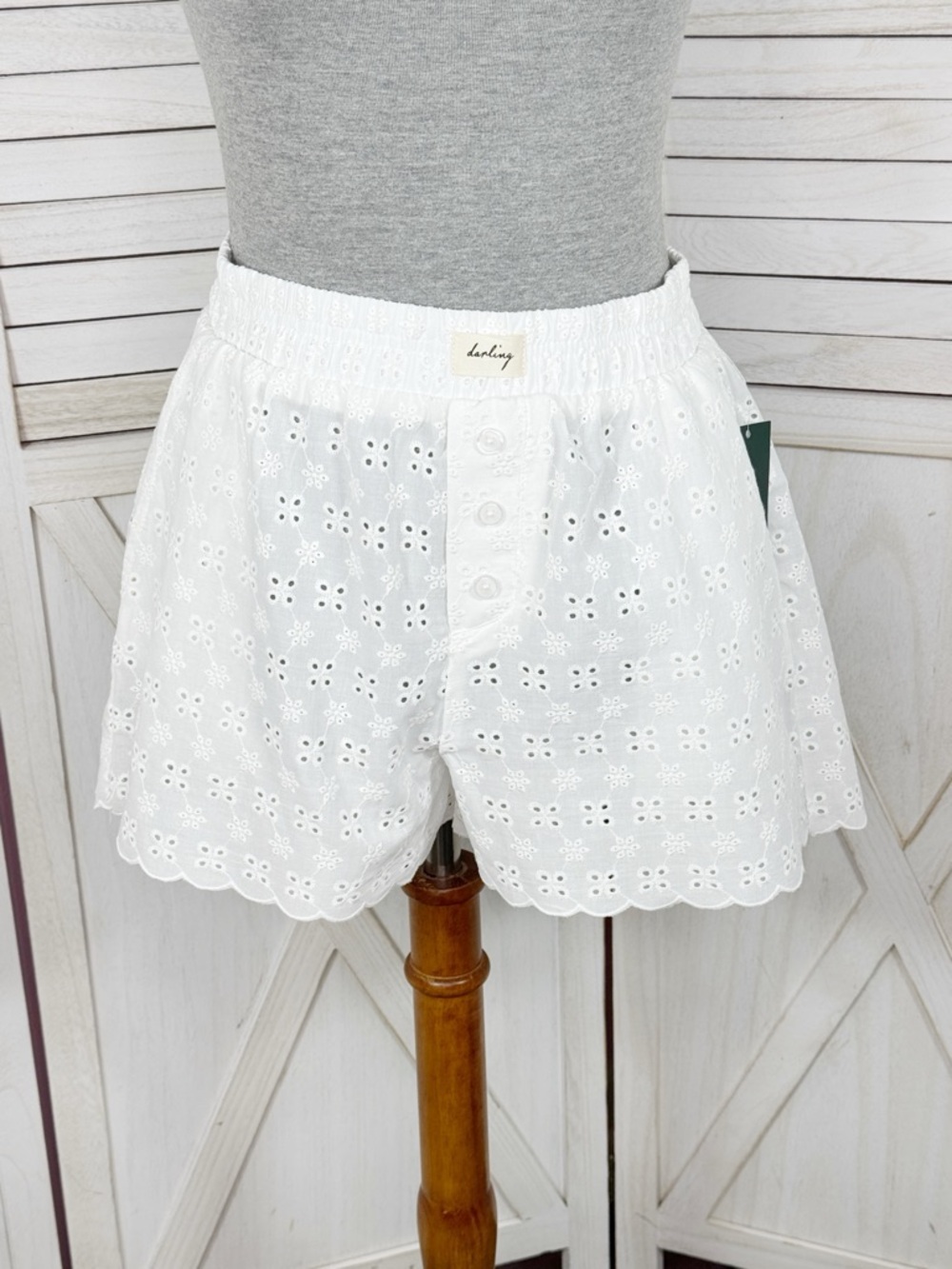 Wild Fable Eyelet Scallop Hem Boxer Shorts White XS Cottagecore Elastic Pull On